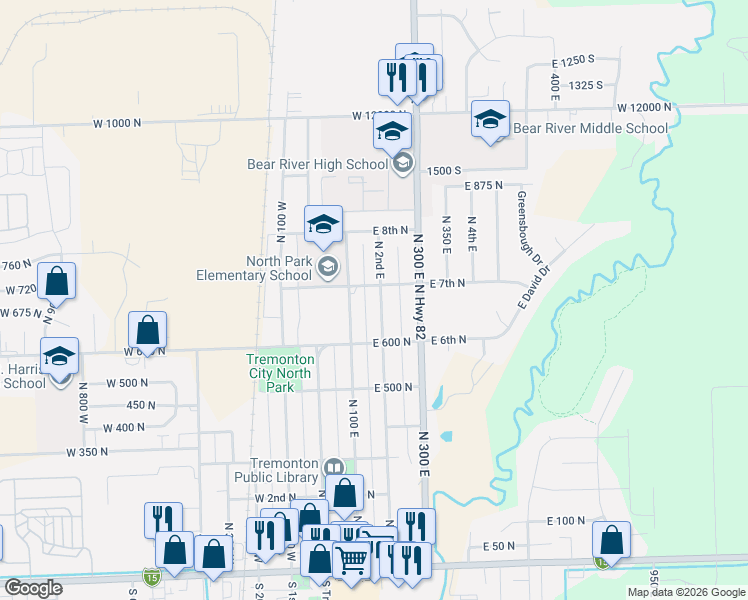 map of restaurants, bars, coffee shops, grocery stores, and more near 657 North 200 East in Tremonton