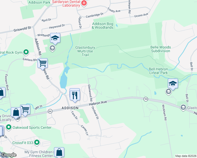 map of restaurants, bars, coffee shops, grocery stores, and more near 30 Stony Brook Drive in Glastonbury