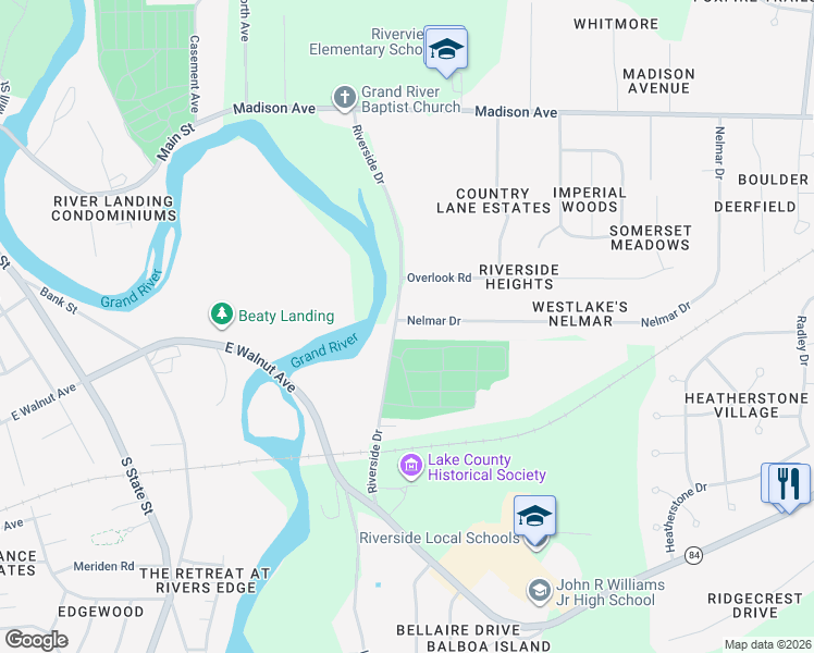 map of restaurants, bars, coffee shops, grocery stores, and more near 7 Nelmar Drive in Painesville