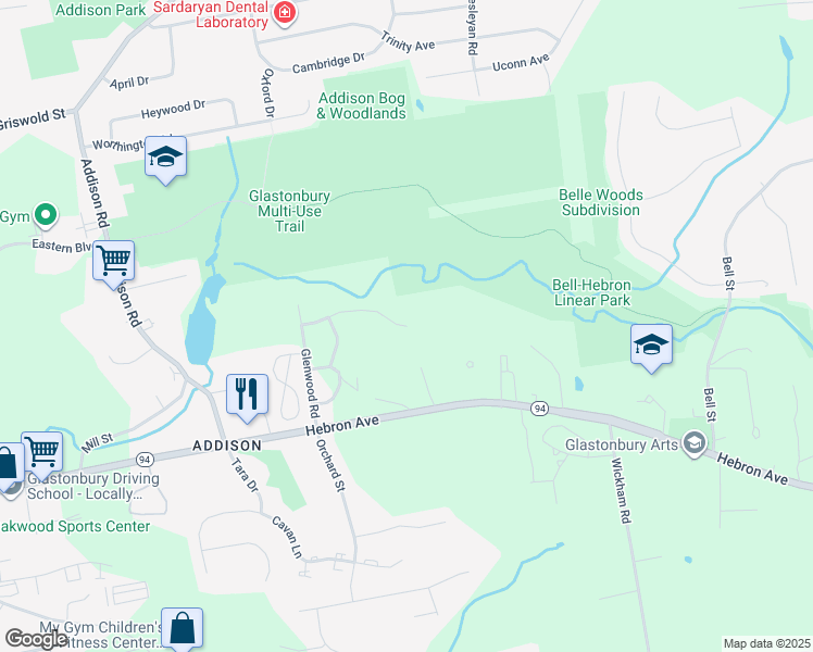 map of restaurants, bars, coffee shops, grocery stores, and more near 87 Oxbow Drive in Glastonbury