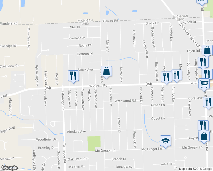 map of restaurants, bars, coffee shops, grocery stores, and more near West Alexis Road in Toledo