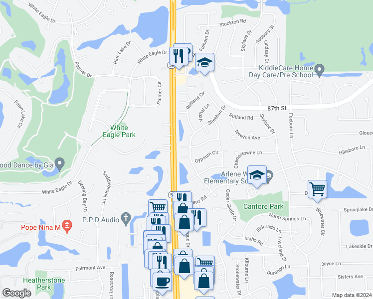 map of restaurants, bars, coffee shops, grocery stores, and more near 2427 Sheehan Drive in Naperville