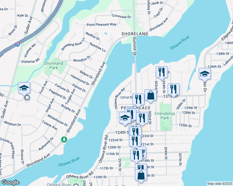 map of restaurants, bars, coffee shops, grocery stores, and more near 5513 Ottawa River Road in Toledo