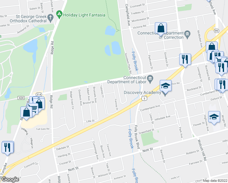 map of restaurants, bars, coffee shops, grocery stores, and more near 36 Fairway Drive in Wethersfield