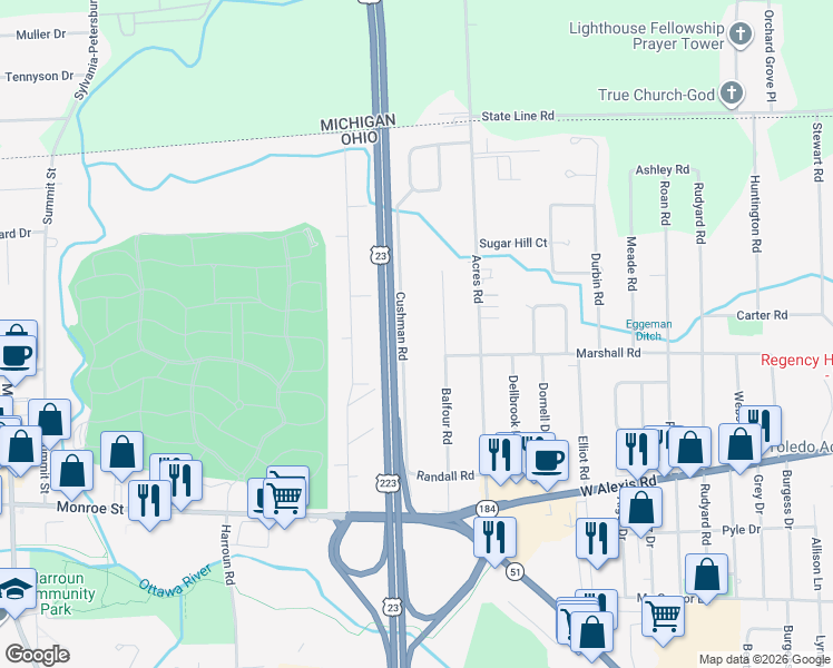 map of restaurants, bars, coffee shops, grocery stores, and more near 5824 Cushman Road in Sylvania