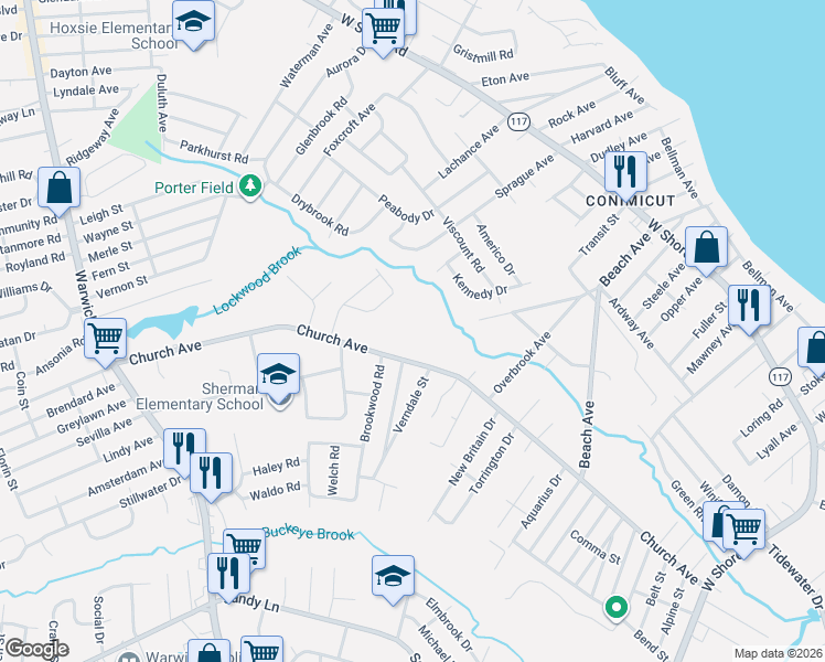 map of restaurants, bars, coffee shops, grocery stores, and more near 427 Church Avenue in Warwick