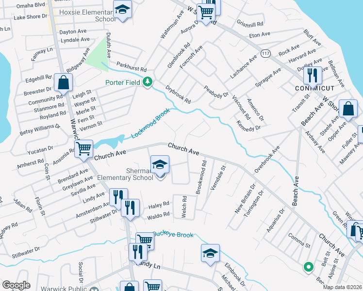 map of restaurants, bars, coffee shops, grocery stores, and more near 80 Farmland Road in Warwick