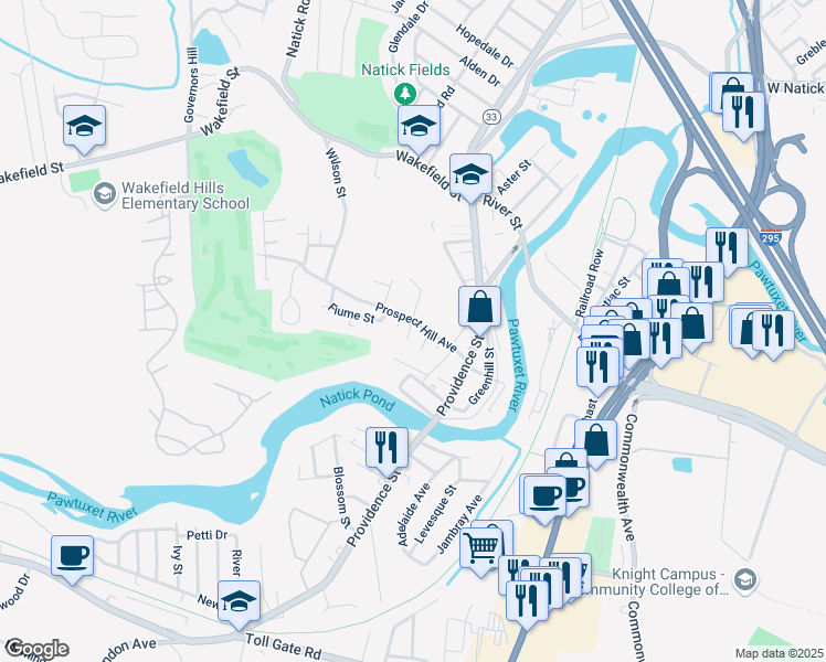 map of restaurants, bars, coffee shops, grocery stores, and more near 1 McTeers Court in West Warwick