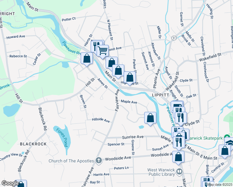 map of restaurants, bars, coffee shops, grocery stores, and more near 5 Pleasant Street in West Warwick