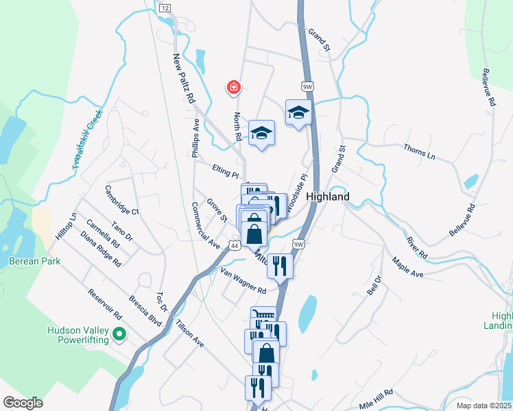 map of restaurants, bars, coffee shops, grocery stores, and more near 49 Main Street in Highland
