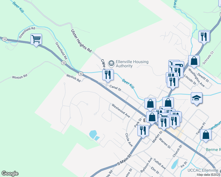 map of restaurants, bars, coffee shops, grocery stores, and more near 16 Canal Street in Ellenville