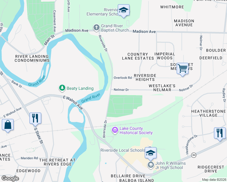 map of restaurants, bars, coffee shops, grocery stores, and more near 7 Nelmar Drive in Painesville