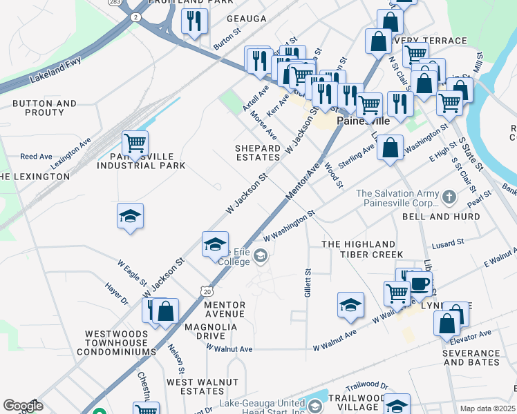 map of restaurants, bars, coffee shops, grocery stores, and more near 267 West Jackson Street in Painesville
