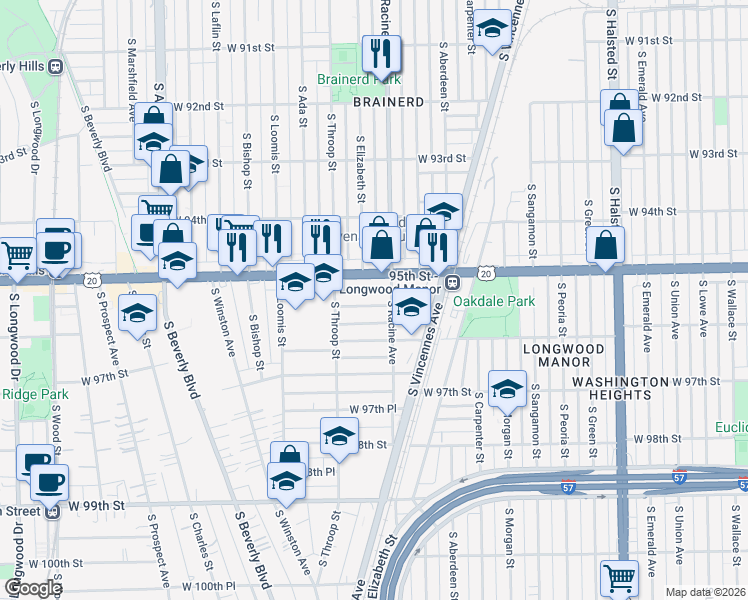 map of restaurants, bars, coffee shops, grocery stores, and more near 1221 West 95th Street in Chicago
