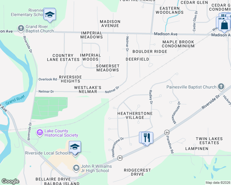 map of restaurants, bars, coffee shops, grocery stores, and more near 330 Nelmar Drive in Painesville