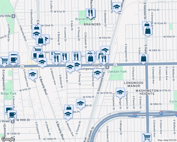 map of restaurants, bars, coffee shops, grocery stores, and more near 1221 West 95th Street in Chicago