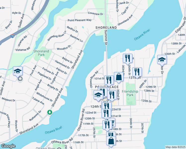 map of restaurants, bars, coffee shops, grocery stores, and more near 5513 Ottawa River Road in Toledo