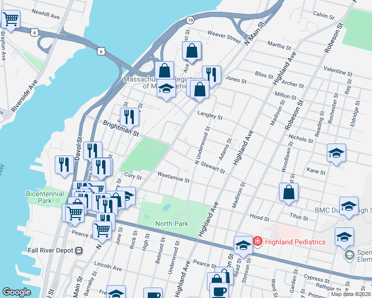map of restaurants, bars, coffee shops, grocery stores, and more near 1565 North Main Street in Fall River