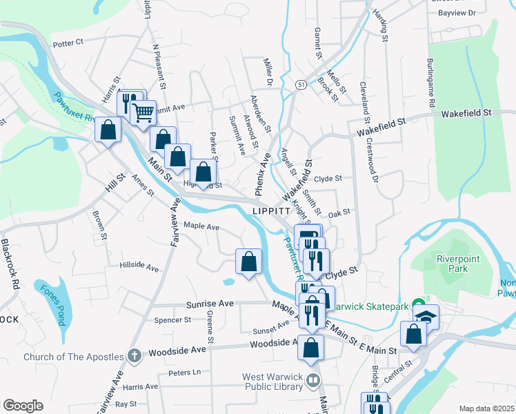 map of restaurants, bars, coffee shops, grocery stores, and more near 819 Main Street in West Warwick