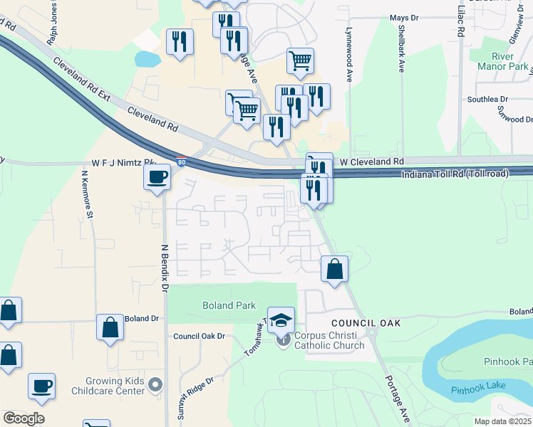 map of restaurants, bars, coffee shops, grocery stores, and more near 2676 Trader Court East in South Bend