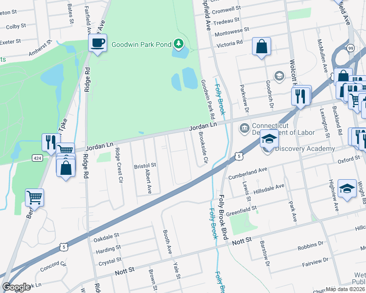 map of restaurants, bars, coffee shops, grocery stores, and more near 78 Fairway Drive in Wethersfield