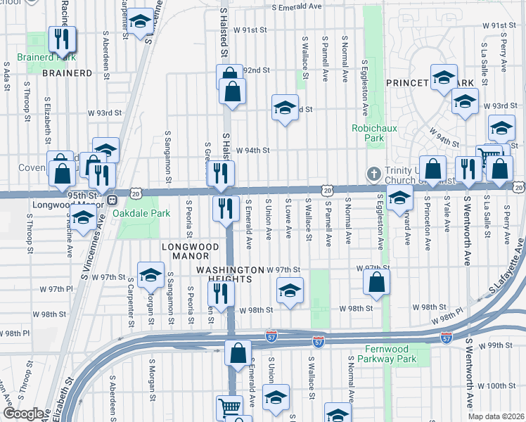 map of restaurants, bars, coffee shops, grocery stores, and more near 9515 South Union Avenue in Chicago