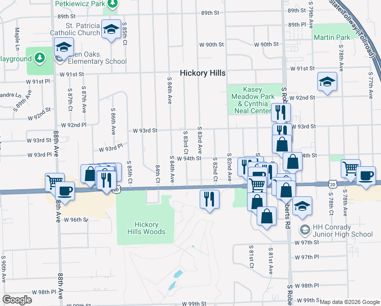 map of restaurants, bars, coffee shops, grocery stores, and more near 9322 South 83rd Court in Hickory Hills