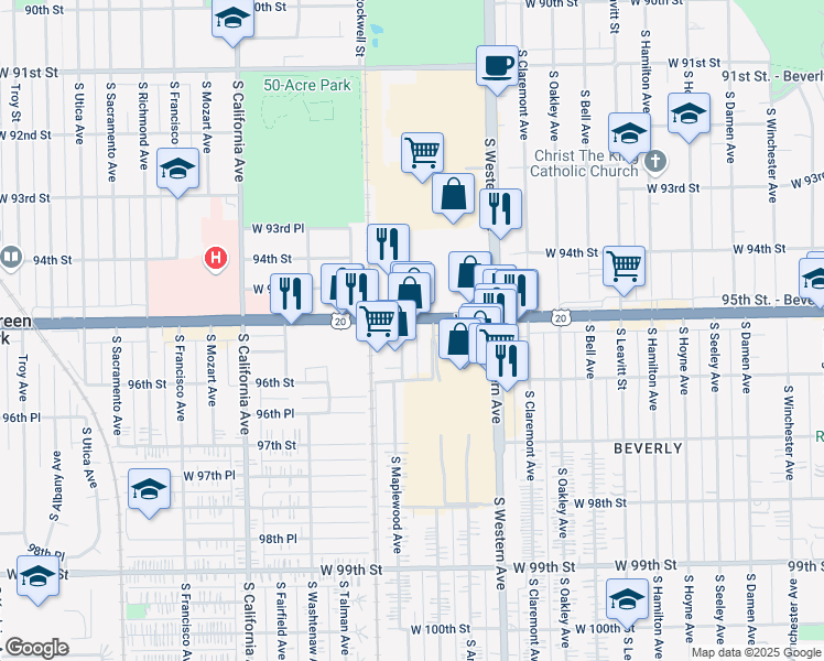 map of restaurants, bars, coffee shops, grocery stores, and more near 2515 95th Street in Evergreen Park