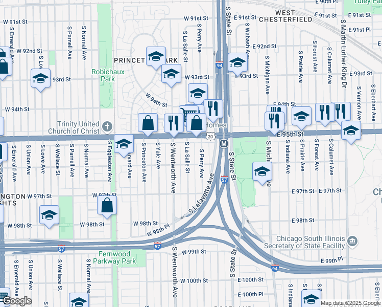 map of restaurants, bars, coffee shops, grocery stores, and more near 9537 South La Salle Street in Chicago