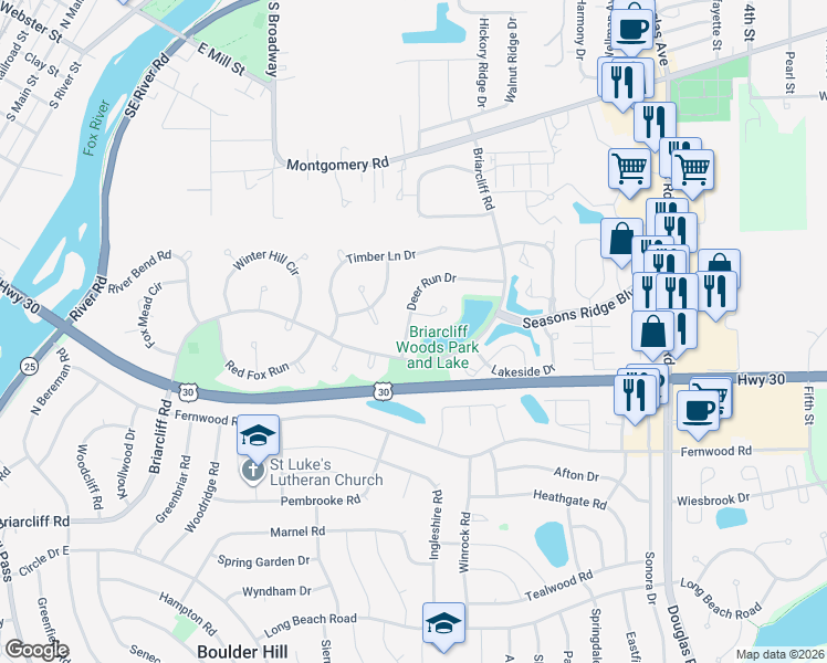map of restaurants, bars, coffee shops, grocery stores, and more near 1860 Deer Run Drive in Montgomery