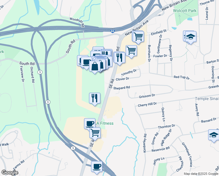 map of restaurants, bars, coffee shops, grocery stores, and more near 1544 New Britain Avenue in West Hartford