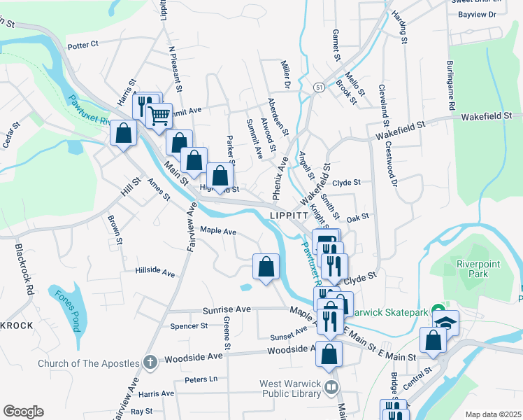 map of restaurants, bars, coffee shops, grocery stores, and more near 6 Phenix Avenue in West Warwick