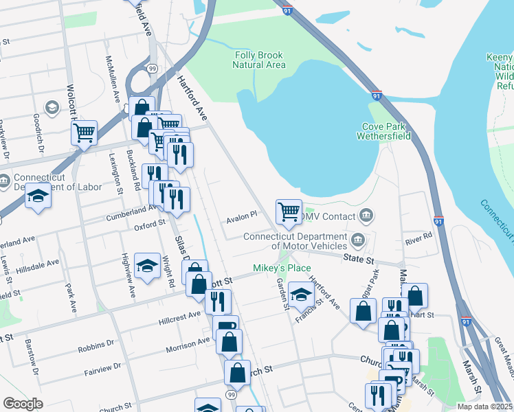 map of restaurants, bars, coffee shops, grocery stores, and more near 286 Hartford Avenue in Wethersfield