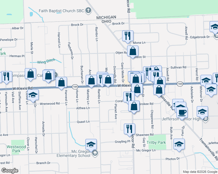 map of restaurants, bars, coffee shops, grocery stores, and more near 3436 West Alexis Road in Toledo