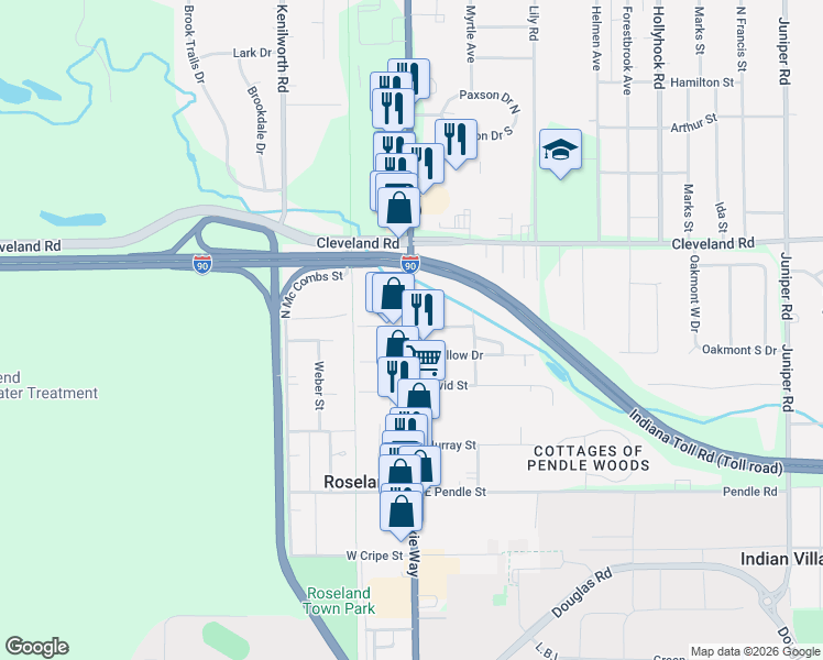 map of restaurants, bars, coffee shops, grocery stores, and more near 508 North Dixie Way in South Bend
