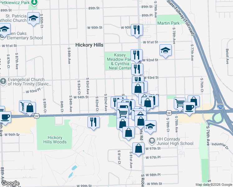 map of restaurants, bars, coffee shops, grocery stores, and more near 9336 South 81st Court in Hickory Hills