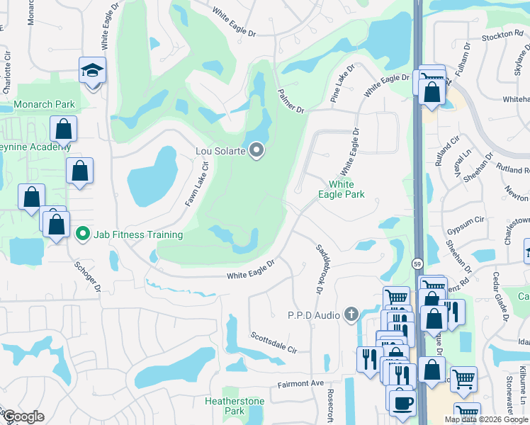 map of restaurants, bars, coffee shops, grocery stores, and more near 3304 Club Court in Naperville