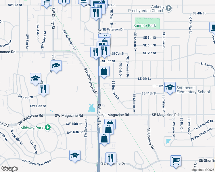 map of restaurants, bars, coffee shops, grocery stores, and more near 904 Southeast Belmont Drive in Ankeny