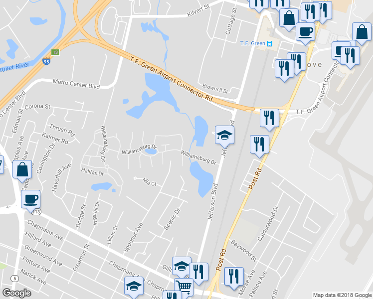 map of restaurants, bars, coffee shops, grocery stores, and more near 391 Chatham Circle in Warwick