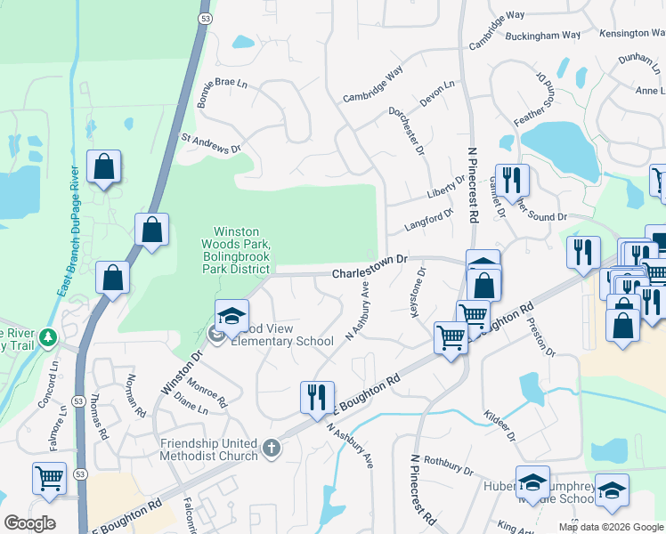 map of restaurants, bars, coffee shops, grocery stores, and more near 312 Charlestown Drive in Bolingbrook