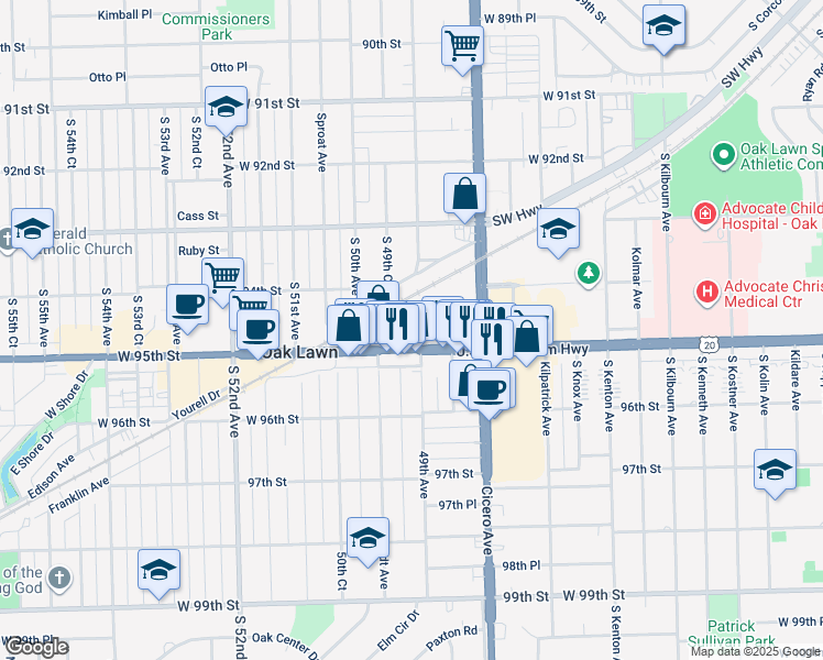 map of restaurants, bars, coffee shops, grocery stores, and more near 4918 95th Street in Oak Lawn
