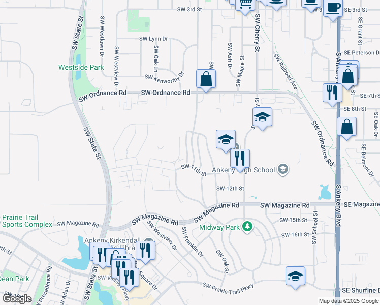 map of restaurants, bars, coffee shops, grocery stores, and more near 1169 Southwest Ordnance Road in Ankeny