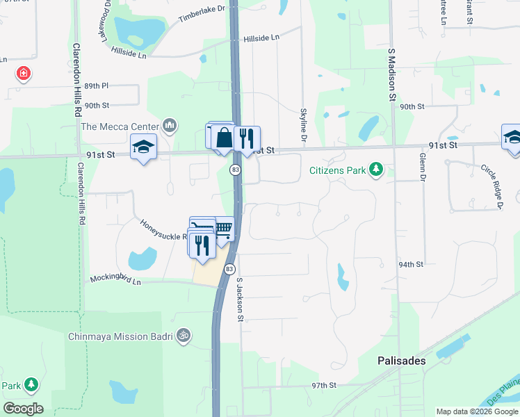 map of restaurants, bars, coffee shops, grocery stores, and more near 9284 Cascade Circle in Burr Ridge