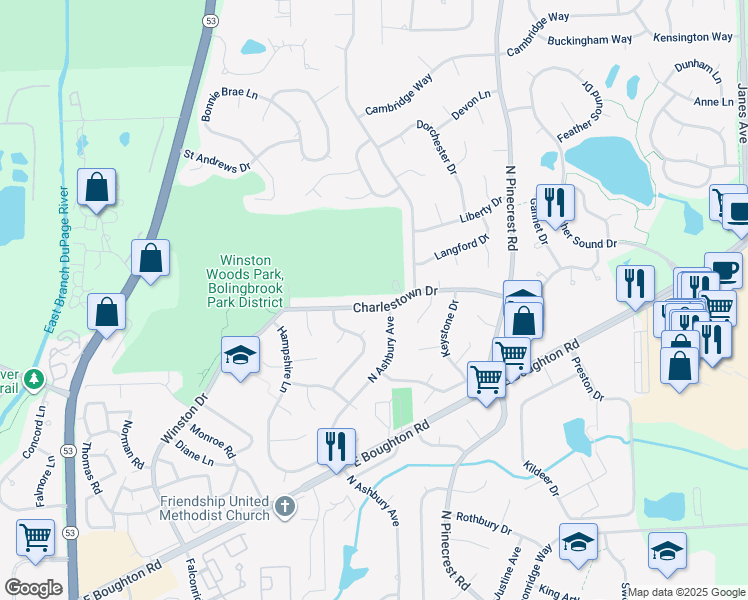 map of restaurants, bars, coffee shops, grocery stores, and more near 312 Charlestown Drive in Bolingbrook