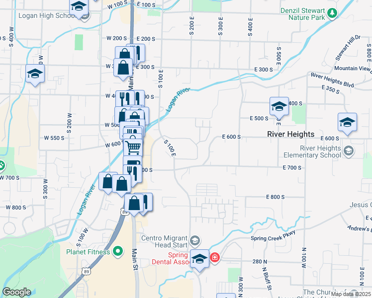 map of restaurants, bars, coffee shops, grocery stores, and more near 650 South 100 East in Logan