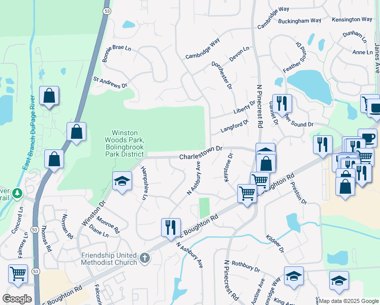 map of restaurants, bars, coffee shops, grocery stores, and more near 312 Charlestown Dr in Bolingbrook