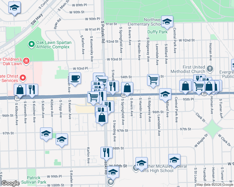 map of restaurants, bars, coffee shops, grocery stores, and more near 3900 West 95th Street in Evergreen Park