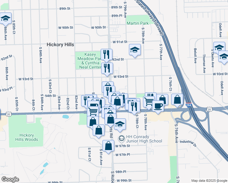 map of restaurants, bars, coffee shops, grocery stores, and more near 9357 South Roberts Road in Hickory Hills