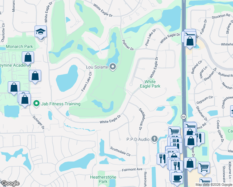 map of restaurants, bars, coffee shops, grocery stores, and more near 3304 Club Court in Naperville