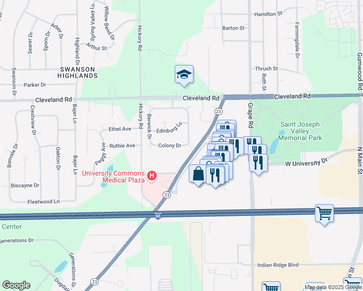 map of restaurants, bars, coffee shops, grocery stores, and more near 16838 Colony Drive in South Bend
